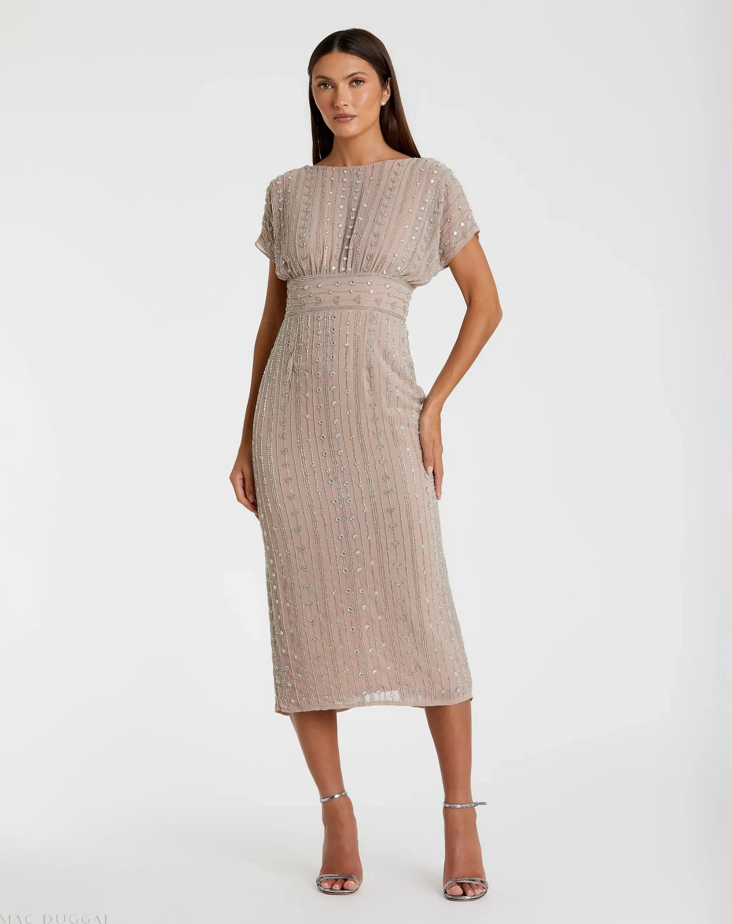 Beige Beaded Cap Sleeve Empire Waist Sheath Midi Dress