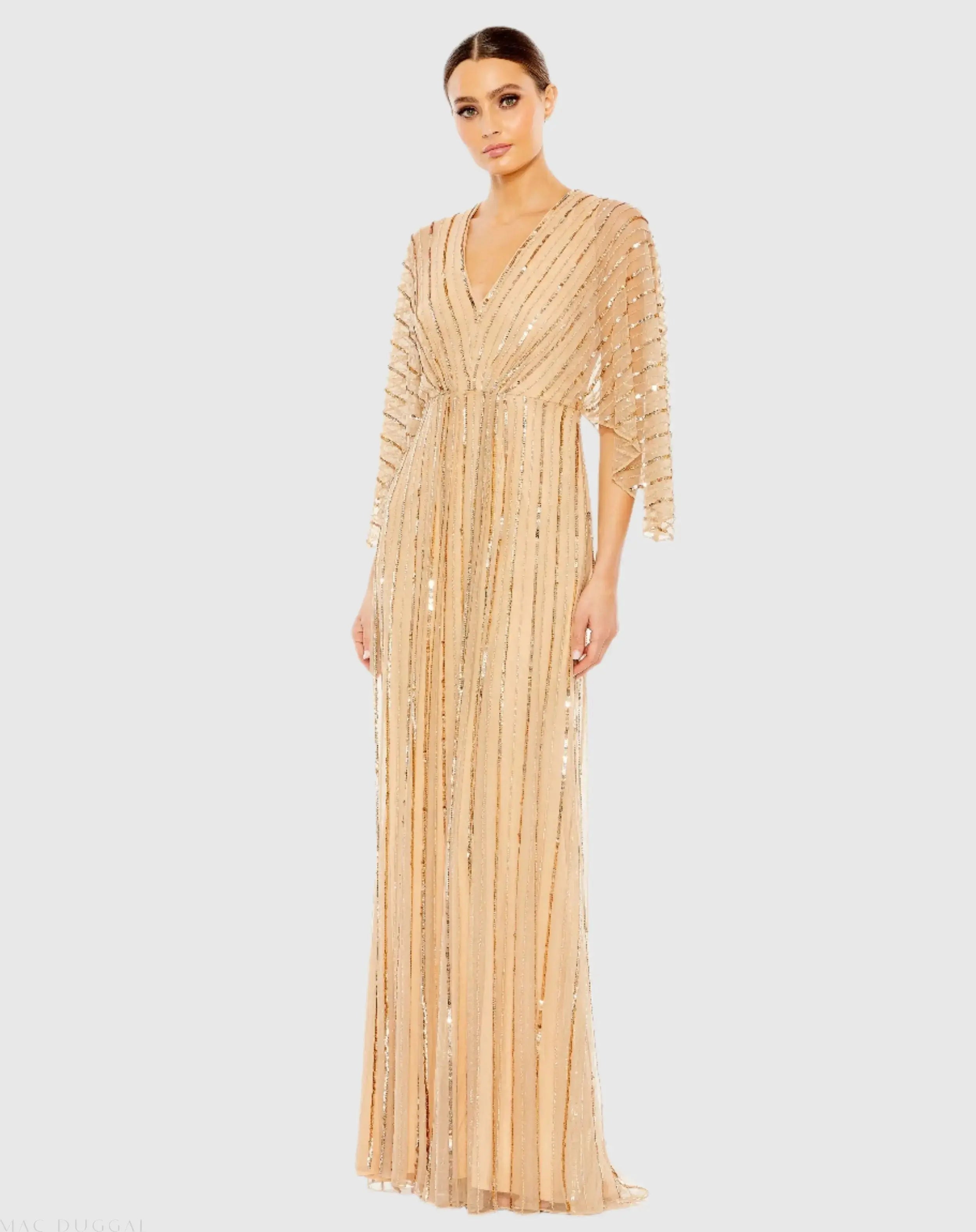 Beige Beaded Striping Kimono Sleeve V Neck Gown - FINAL SALE
