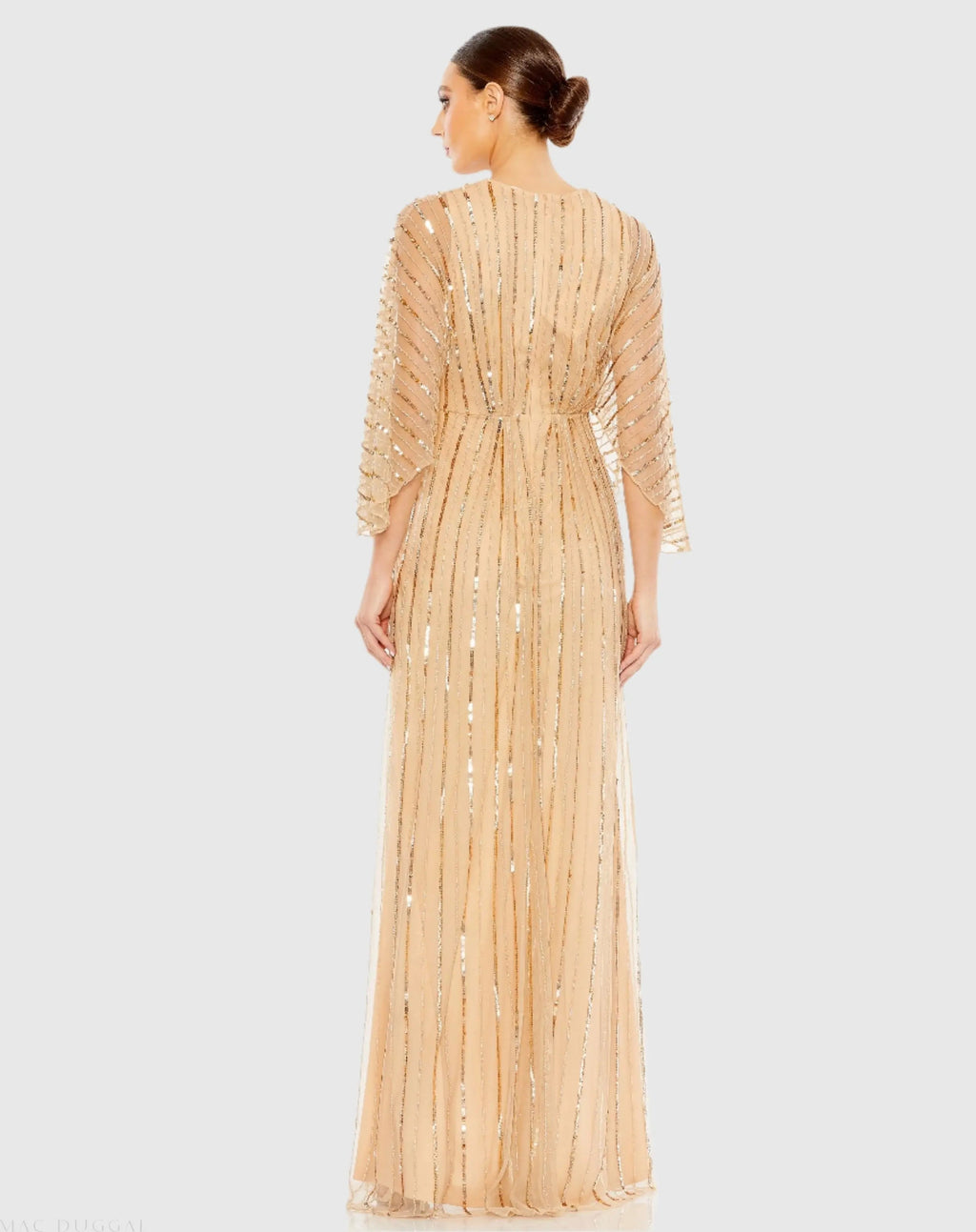 Beige Beaded Striping Kimono Sleeve V Neck Gown - FINAL SALE